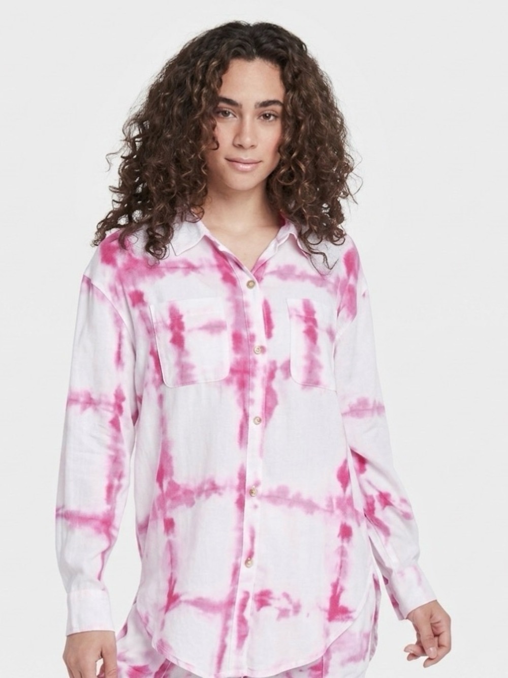 Calia by Carrie Underwood Pink and White Watercolor Button down high low Shirt